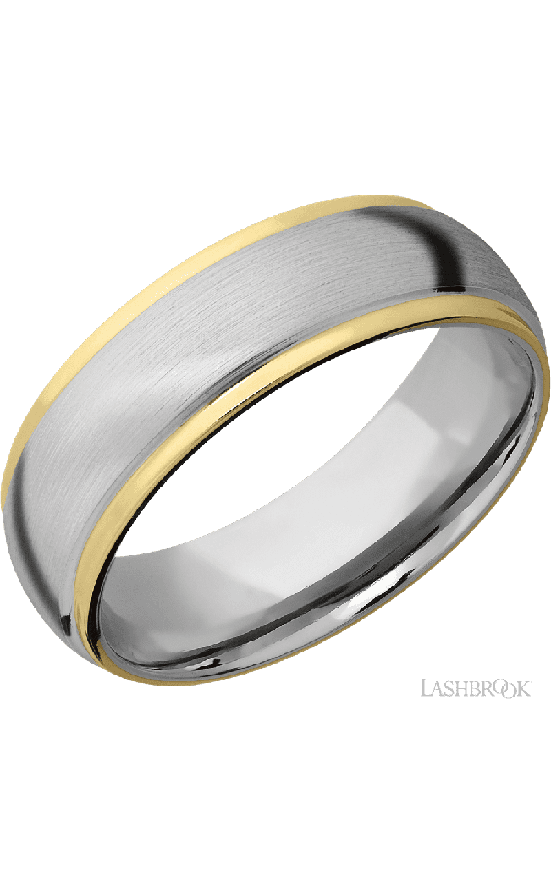 7 mm wide/Domed Stepped Down Edges/14K White Gold band with two 1 mm Edge inlays of 14K Yellow Gold.
