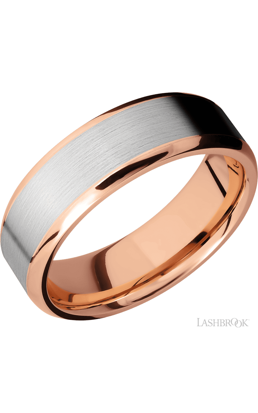 7 mm wide/Beveled/14K Rose Gold band with one 5 mm Centered inlay of 14K White Gold.