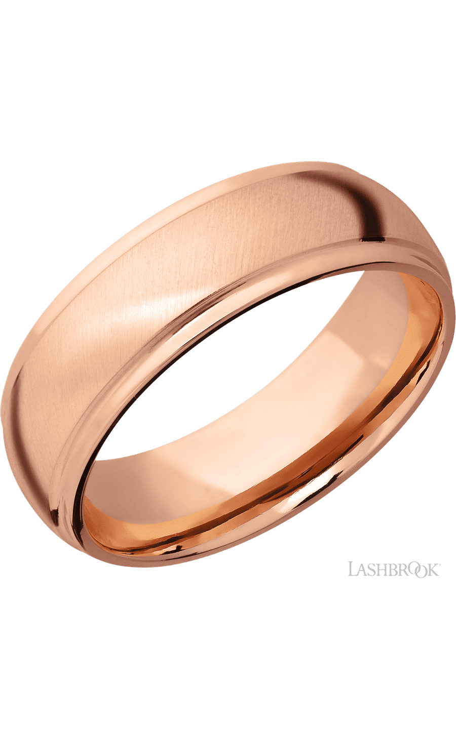 7 mm wide Domed Stepped Down Edges 14K Rose Gold band.