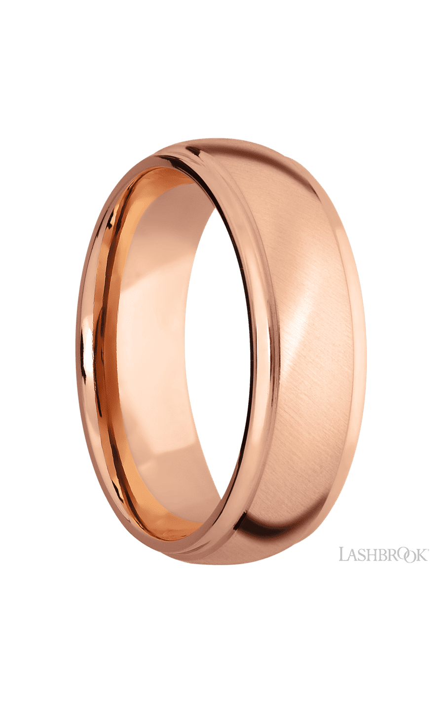 7 mm wide Domed Stepped Down Edges 14K Rose Gold band.
