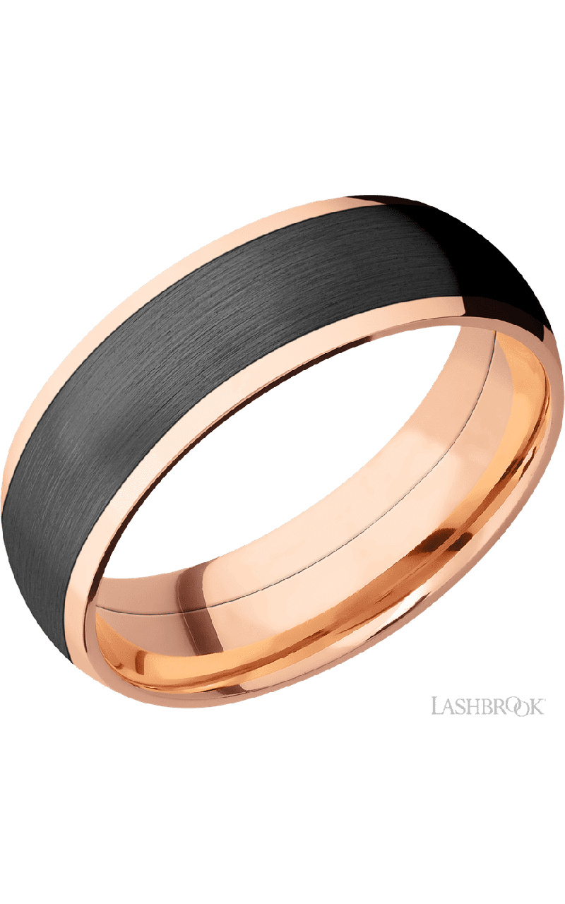 7 mm wide/Domed/14K Rose Gold band with one 5 mm Centered inlay of Zirconium.