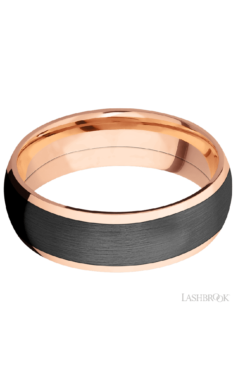 7 mm wide/Domed/14K Rose Gold band with one 5 mm Centered inlay of Zirconium.