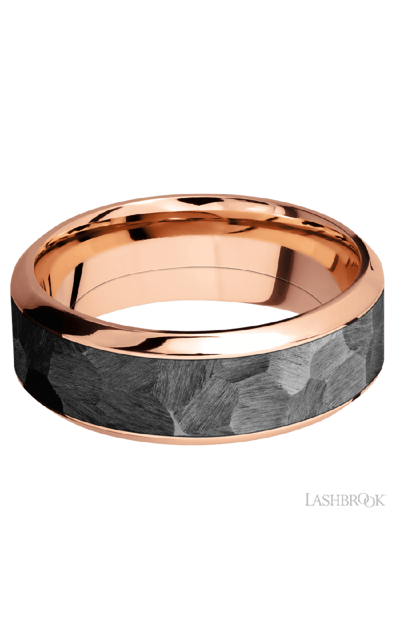 8 mm wide/High Bevel/14K Rose Gold band with one 5 mm Centered inlay of Zirconium.
