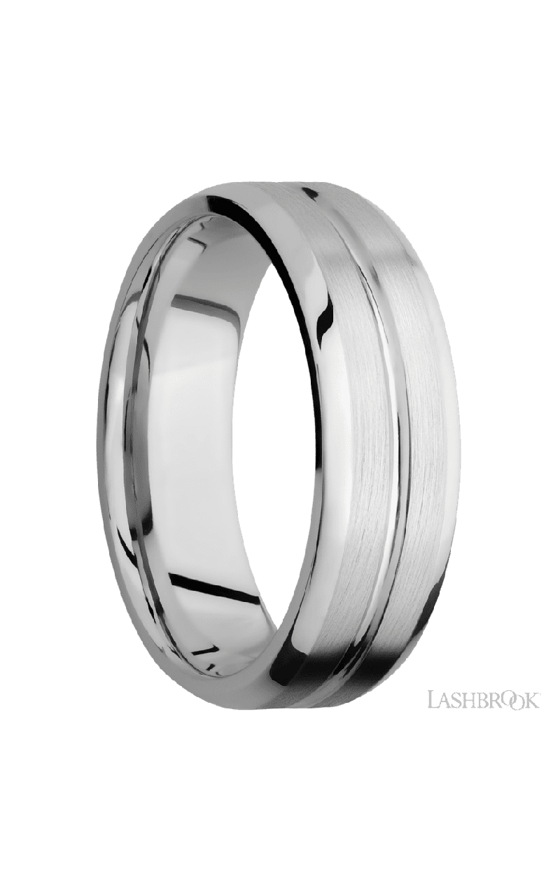 7 mm wide Beveled with Center Accent Groove 14K White Gold band.