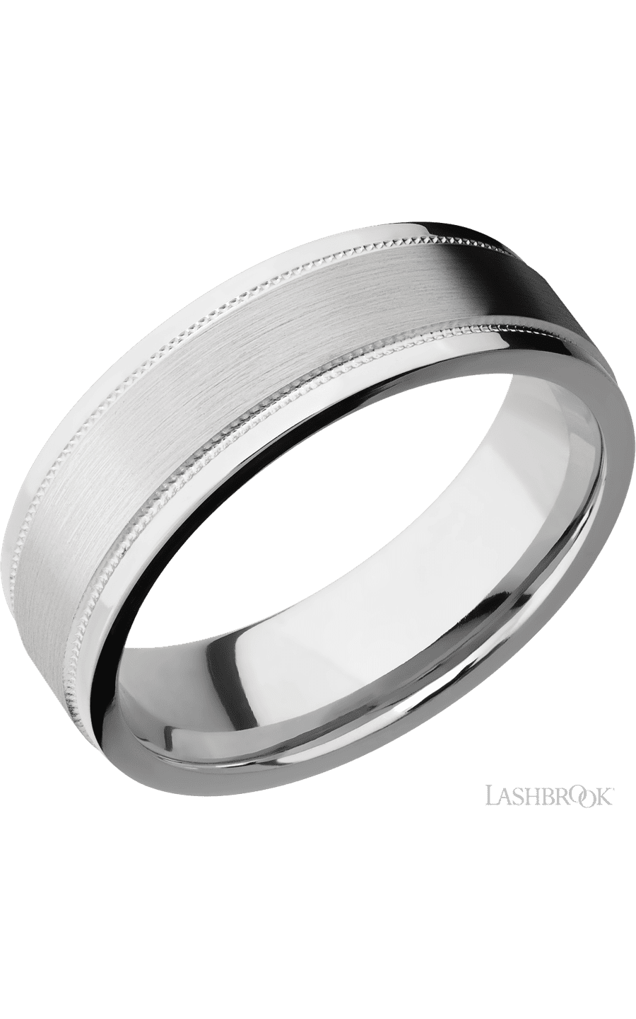 7 mm wide Flat Stepped Edges Milgrain 14K White Gold band.
