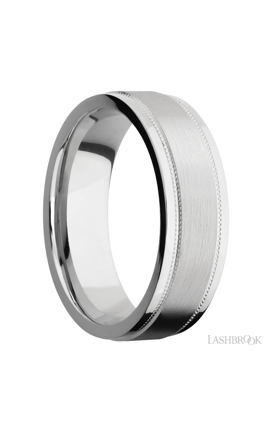 7 mm wide Flat Stepped Edges Milgrain 14K White Gold band.