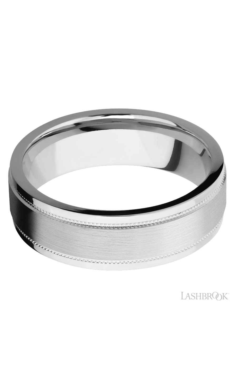 7 mm wide Flat Stepped Edges Milgrain 14K White Gold band.
