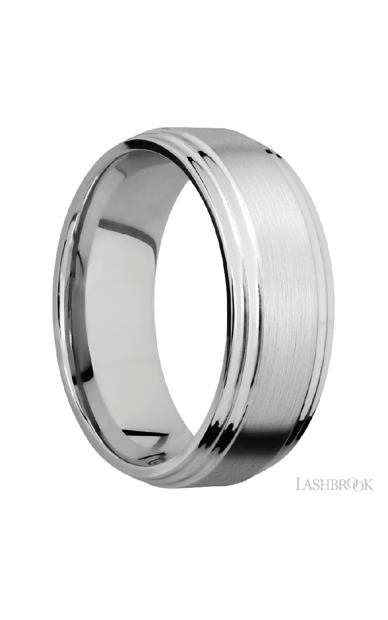 8 mm wide Flat Double Stepped Edges 14K White Gold band.