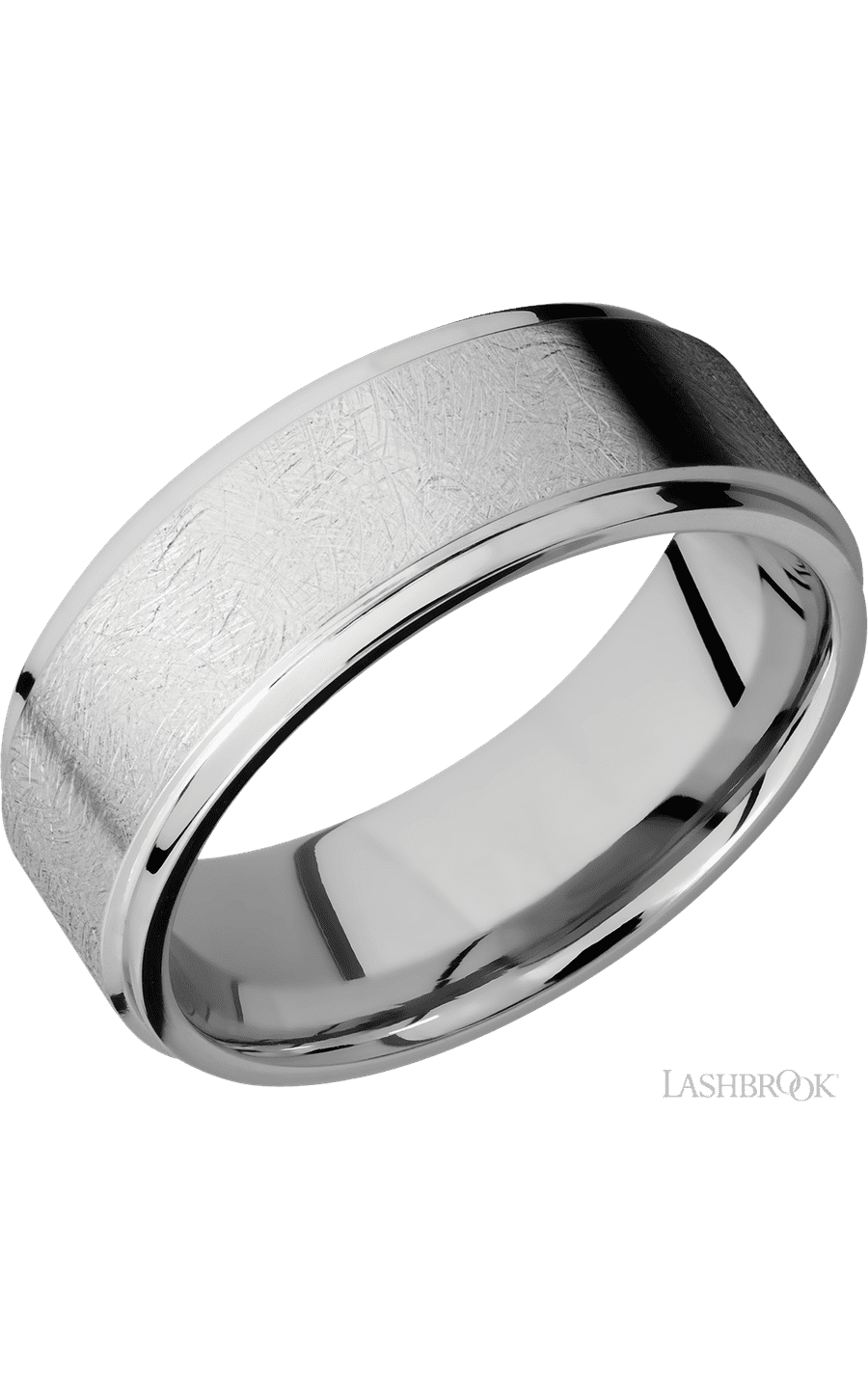 8 mm wide Flat Grooved Edges 14K White Gold band.
