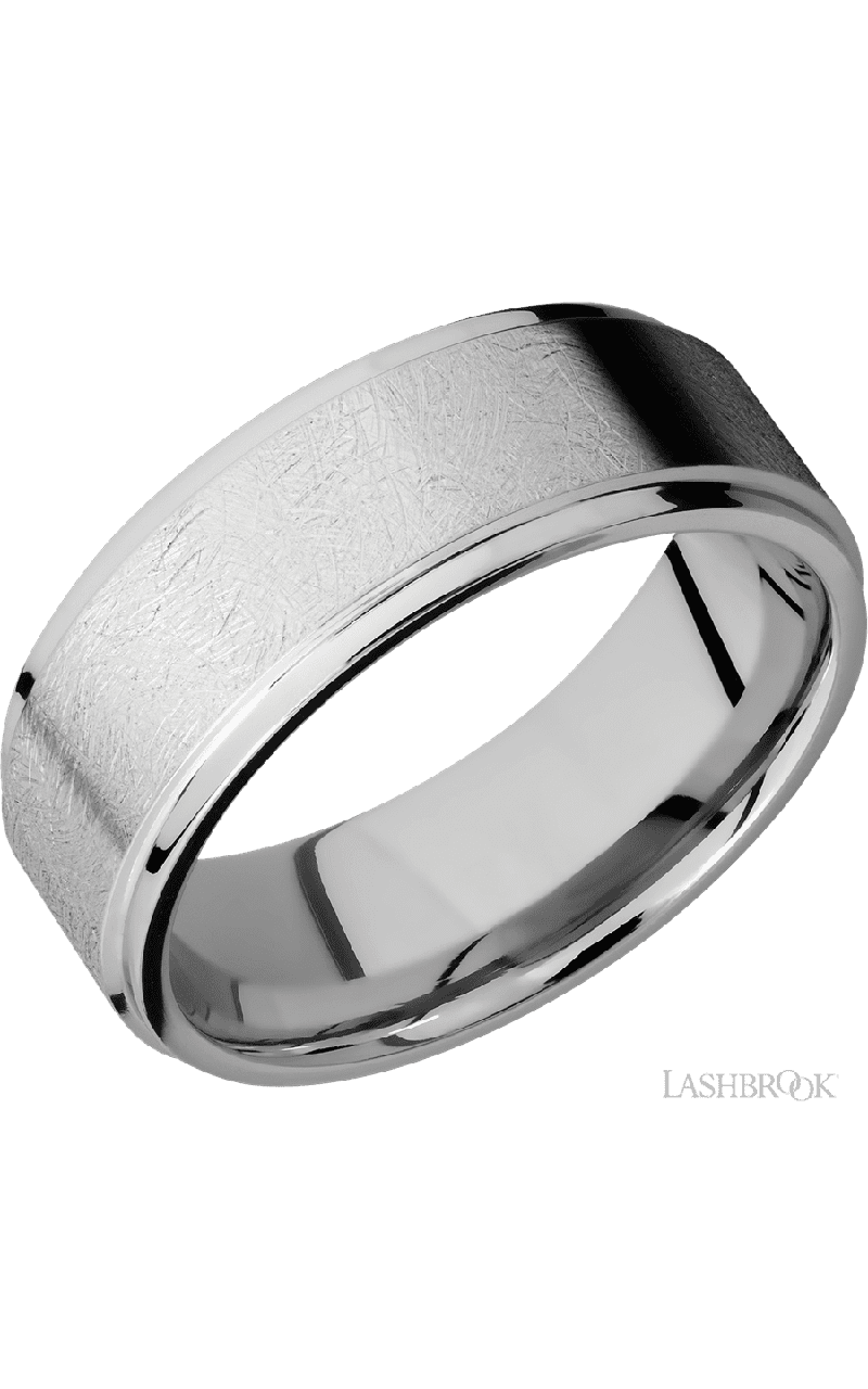 8 mm wide Flat Grooved Edges 14K White Gold band.