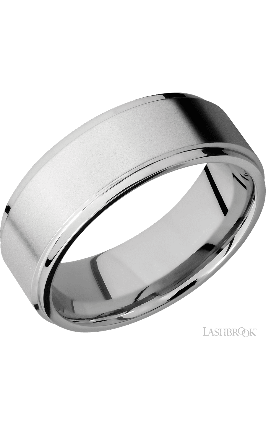 8 mm wide Flat Grooved Edges 14K White Gold band.