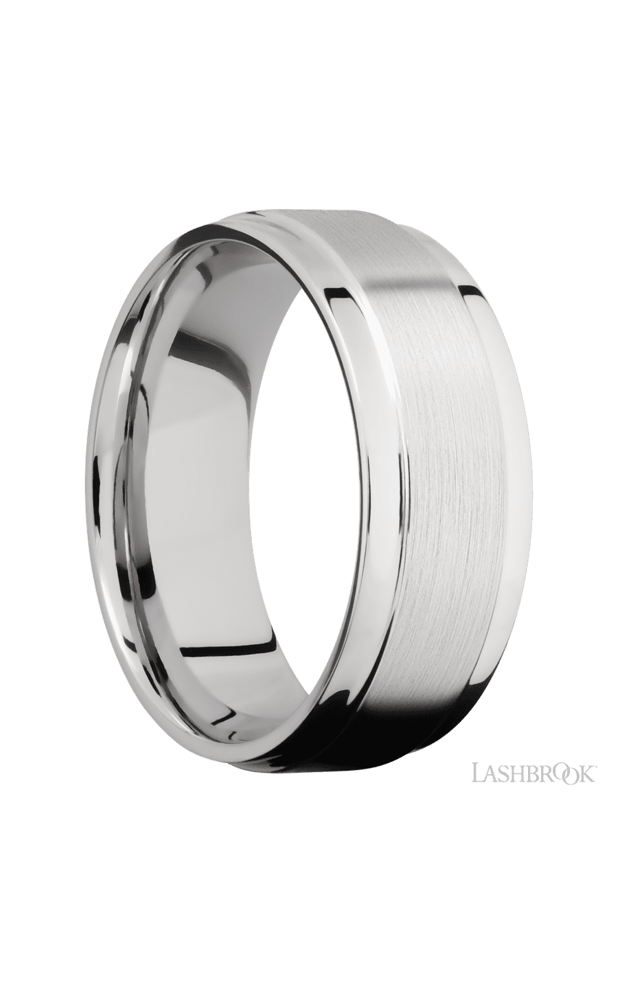 8 mm wide Flat Wide Grooved Edges 14K White Gold band.