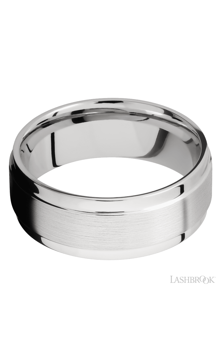 8 mm wide Flat Wide Grooved Edges 14K White Gold band.