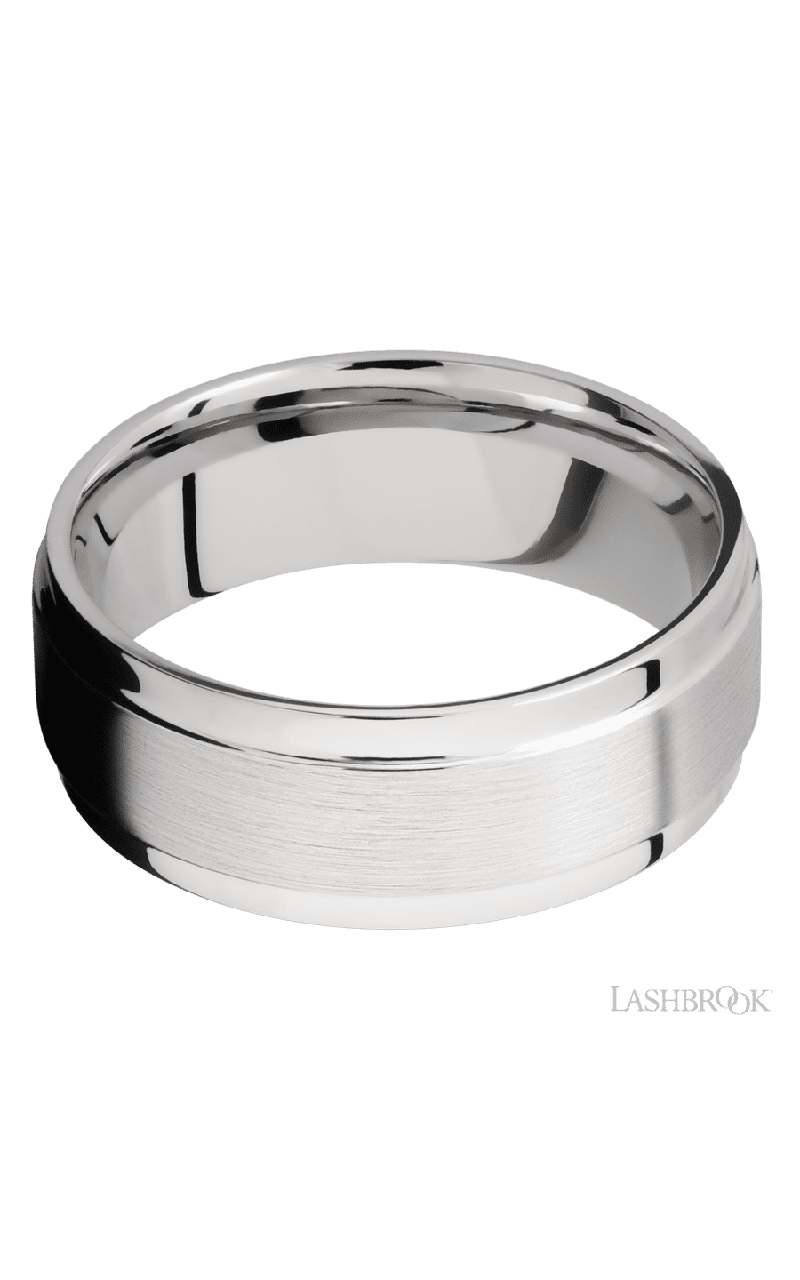 8 mm wide Flat Wide Grooved Edges 14K White Gold band.