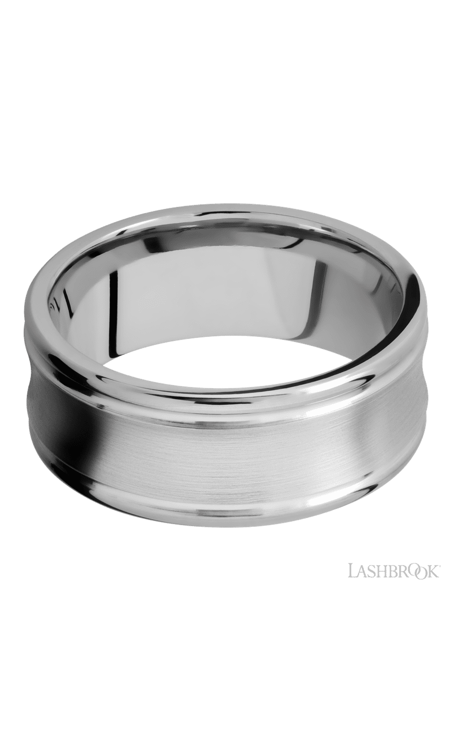 9 mm wide Concaved Center Round Edges 14K White Gold band.
