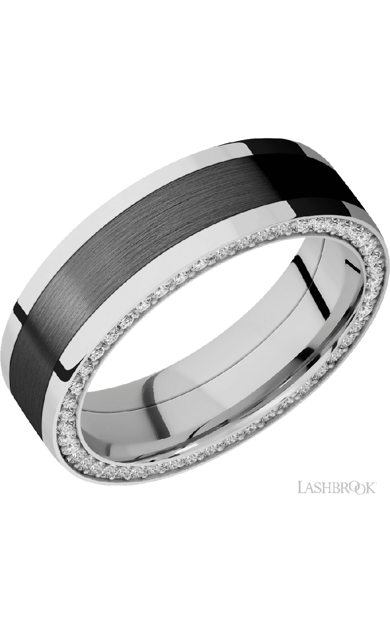 7 mm wide/Flat/14K White Gold band with one 4 mm Centered inlay of Zirconium and featuring a Side Eternity arrangement of .01 carat Round Diamond stones in a Bead Channel setting