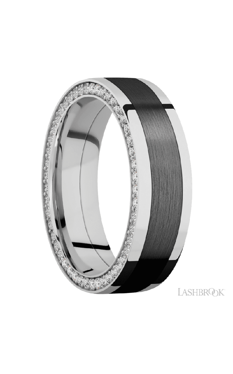 7 mm wide/Flat/14K White Gold band with one 4 mm Centered inlay of Zirconium and featuring a Side Eternity arrangement of .01 carat Round Diamond stones in a Bead Channel setting
