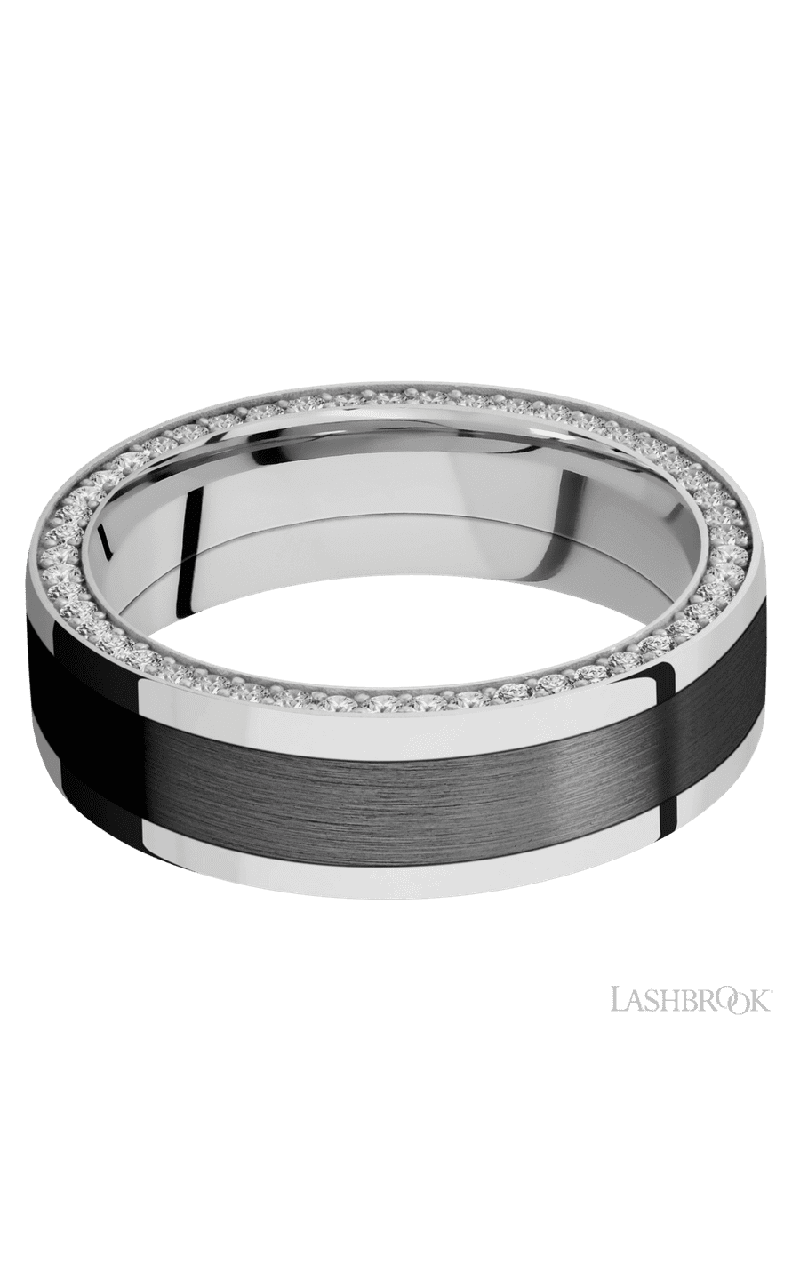 7 mm wide/Flat/14K White Gold band with one 4 mm Centered inlay of Zirconium and featuring a Side Eternity arrangement of .01 carat Round Diamond stones in a Bead Channel setting