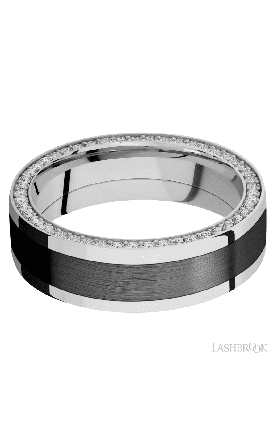 7 mm wide/Flat/14K White Gold band with one 4 mm Centered inlay of Zirconium and featuring a Side Eternity arrangement of .01 carat Round Diamond stones in a Bead Channel setting