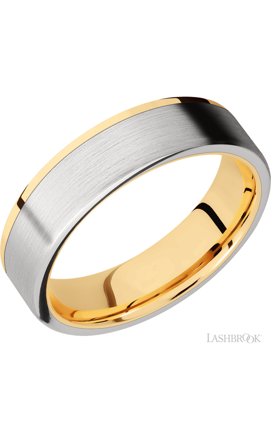 6 mm wide/Flat/14K Yellow Gold band with one 5 mm Off Center Edge inlay of Cobalt Chrome.