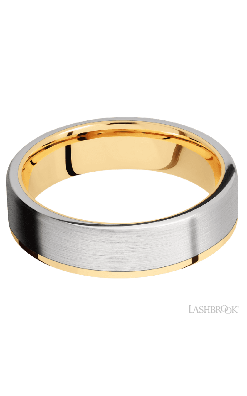 6 mm wide/Flat/14K Yellow Gold band with one 5 mm Off Center Edge inlay of Cobalt Chrome.