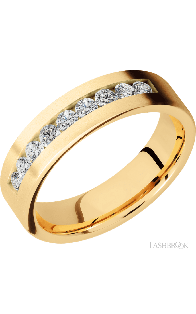 6 mm wide/Flat/14K Yellow Gold band with an arrangement of 9, .07 carat Round Diamond stones in a Channel setting.