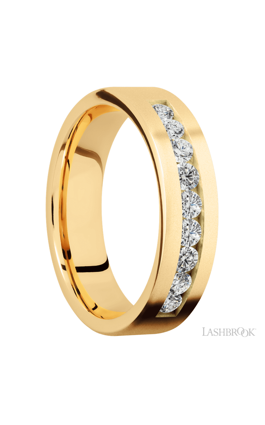 6 mm wide/Flat/14K Yellow Gold band with an arrangement of 9, .07 carat Round Diamond stones in a Channel setting.
