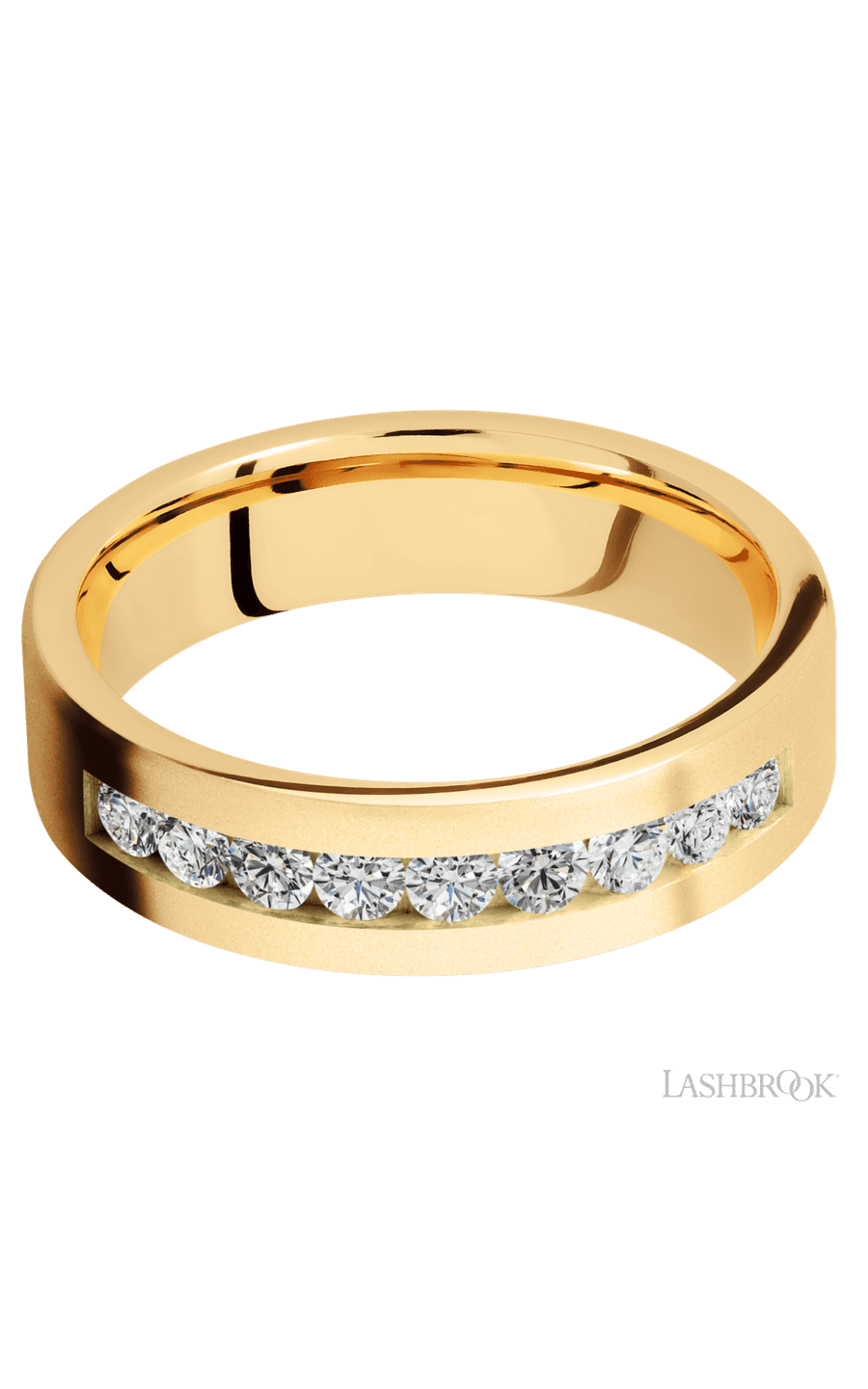 6 mm wide/Flat/14K Yellow Gold band with an arrangement of 9, .07 carat Round Diamond stones in a Channel setting.