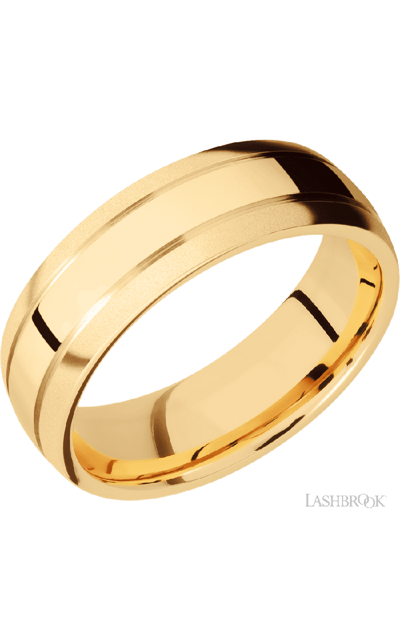 7 mm wide Domed with two accent grooves 14K Yellow Gold band.