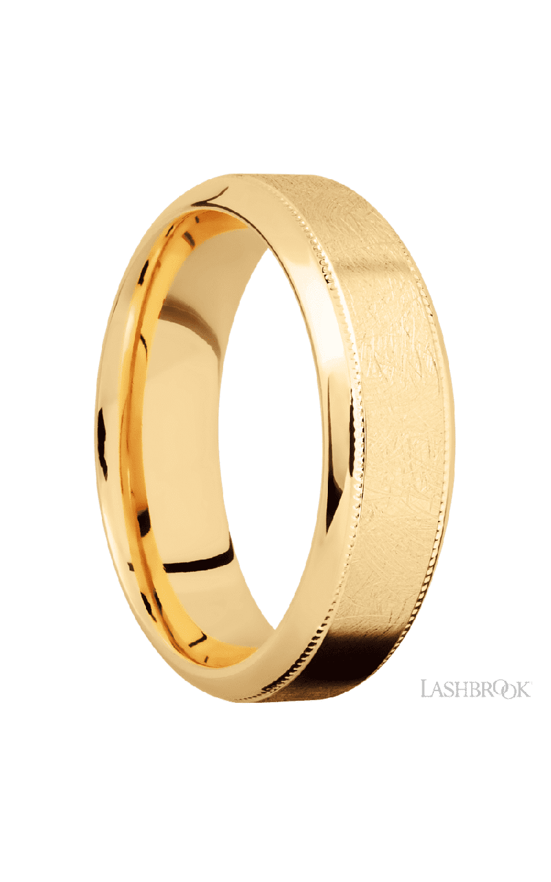7 mm wide High Bevel Milgrain 14K Yellow Gold band.