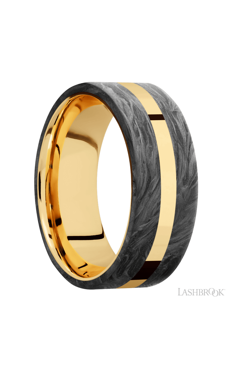 8 mm wide/Flat/14K Yellow Gold band with two 3 mm Double Off Center Edge inlays of Forged Carbon Fiber.