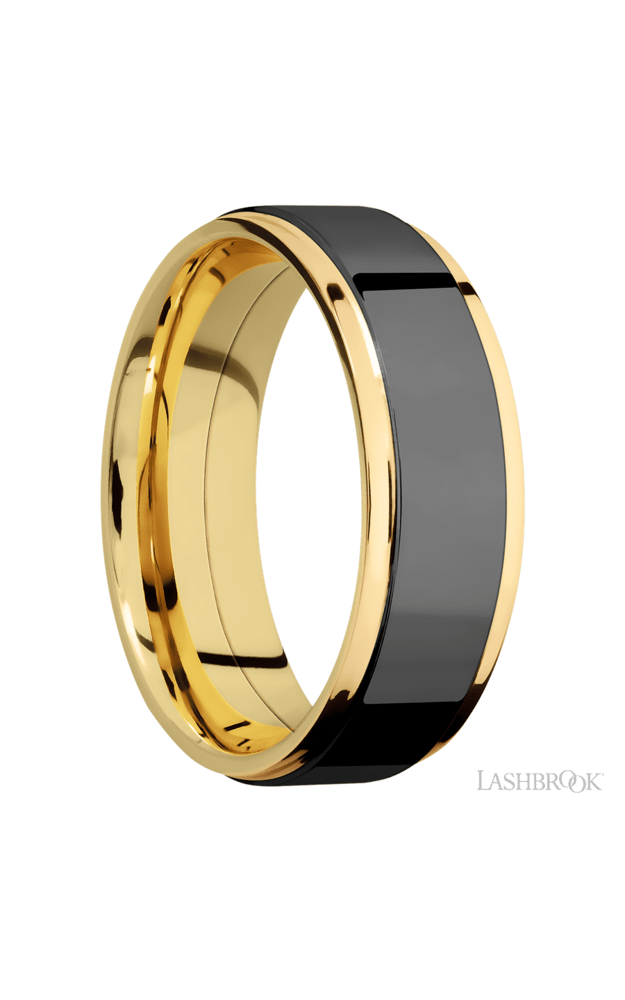 7 mm wide/Flat Grooved Edges/14K Yellow Gold band with one 5 mm Raised Centered inlay of Zirconium.