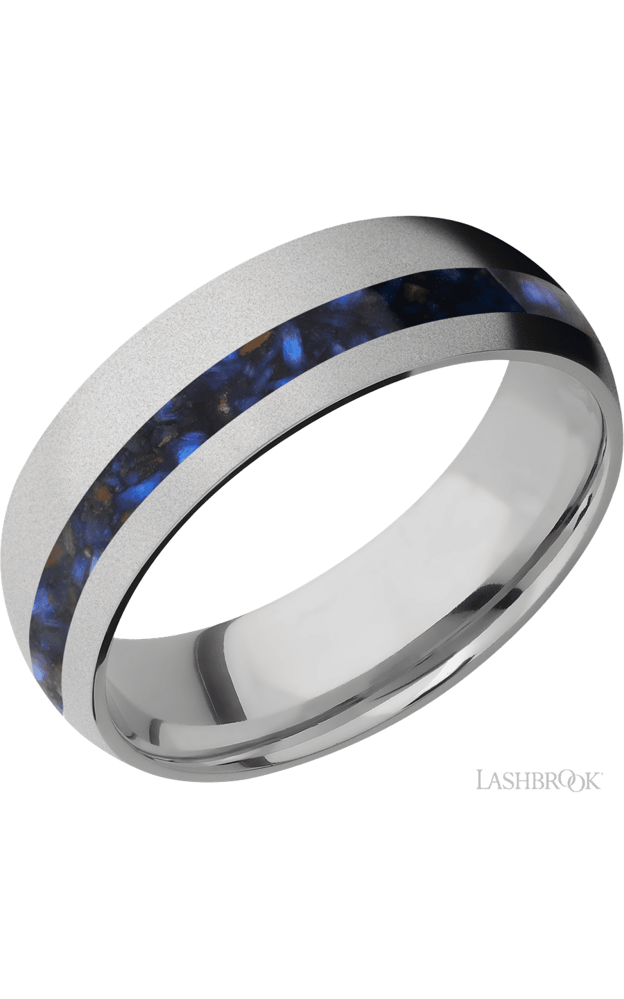 7 mm wide/Domed/Titanium band with one 2 mm Off Center inlay of Blue Tiger Eye.