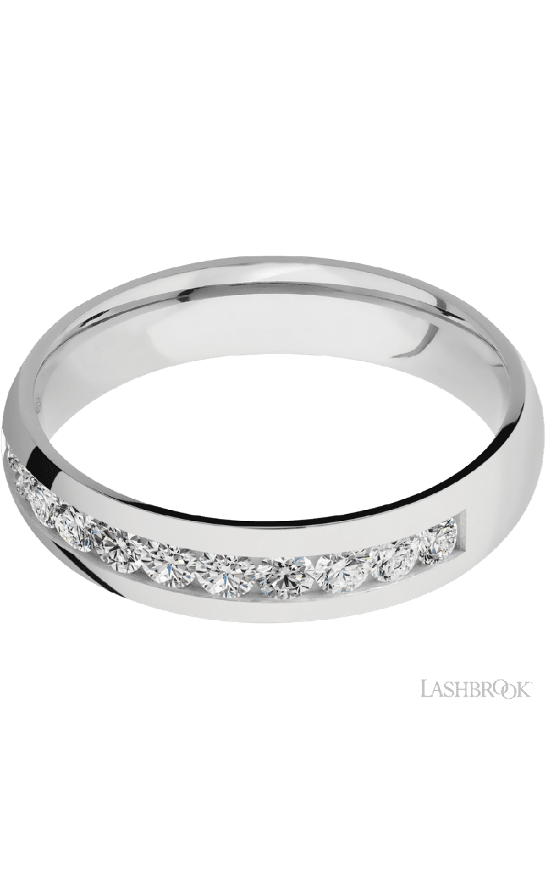 5 mm wide/Domed/Cobalt Chrome band with a Half Eternity arrangement of .07 carat Round Diamond stones in a Channel setting.