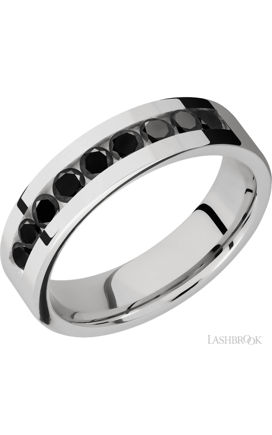 6 mm wide/Flat/Cobalt Chrome band with an arrangement of 9, .1 carat Round Black Diamond stones in a Channel setting.