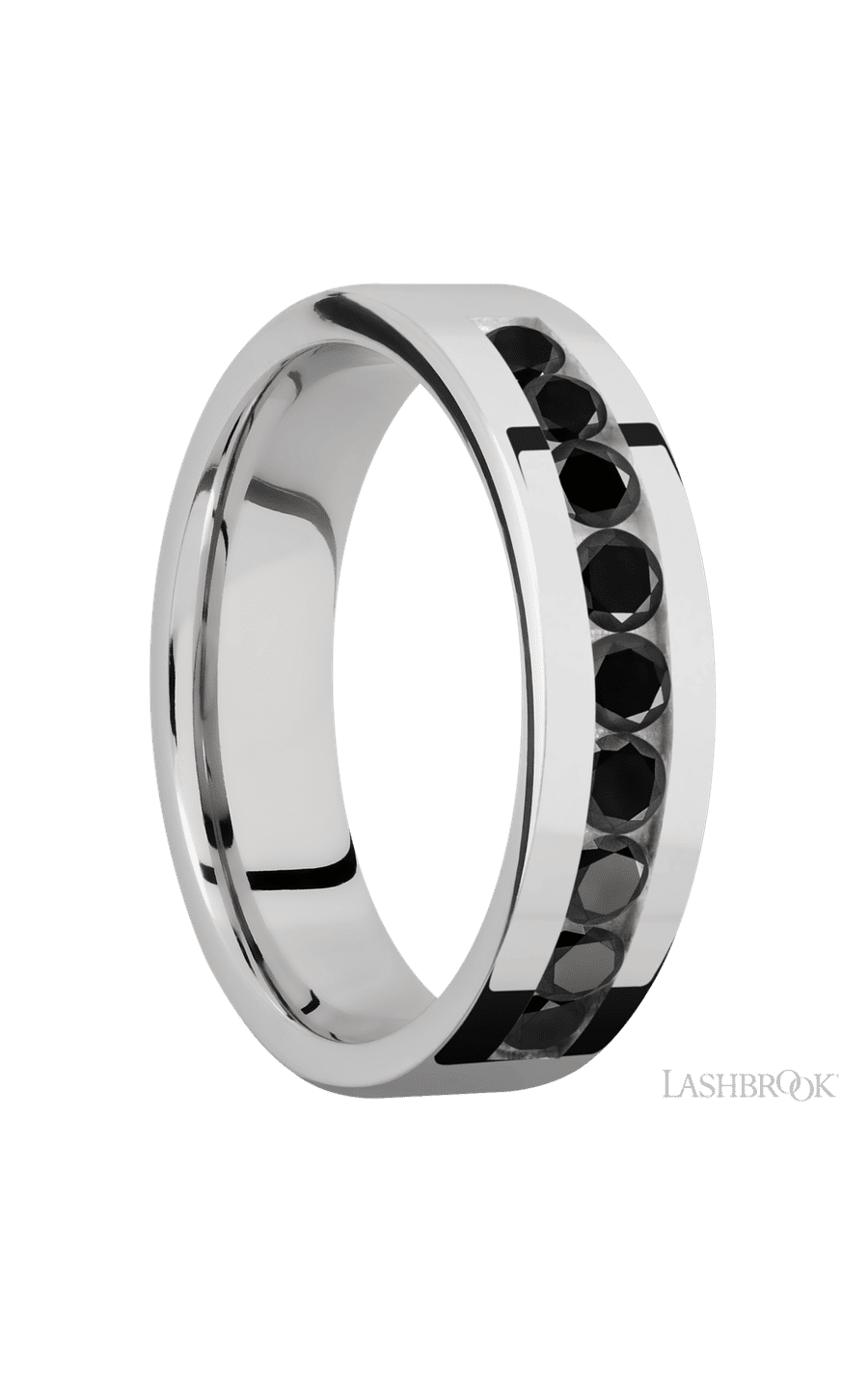 6 mm wide/Flat/Cobalt Chrome band with an arrangement of 9, .1 carat Round Black Diamond stones in a Channel setting.