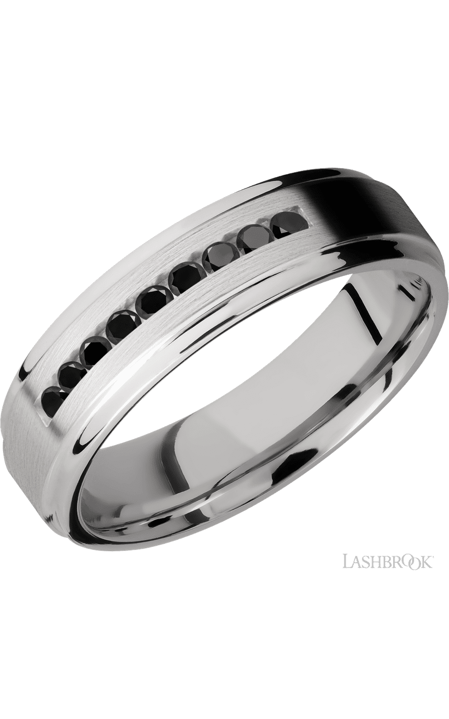 6 mm wide/Flat Grooved Edges/Cobalt Chrome band with an arrangement of 9, .03 carat Round Black Diamond stones in a Channel setting.