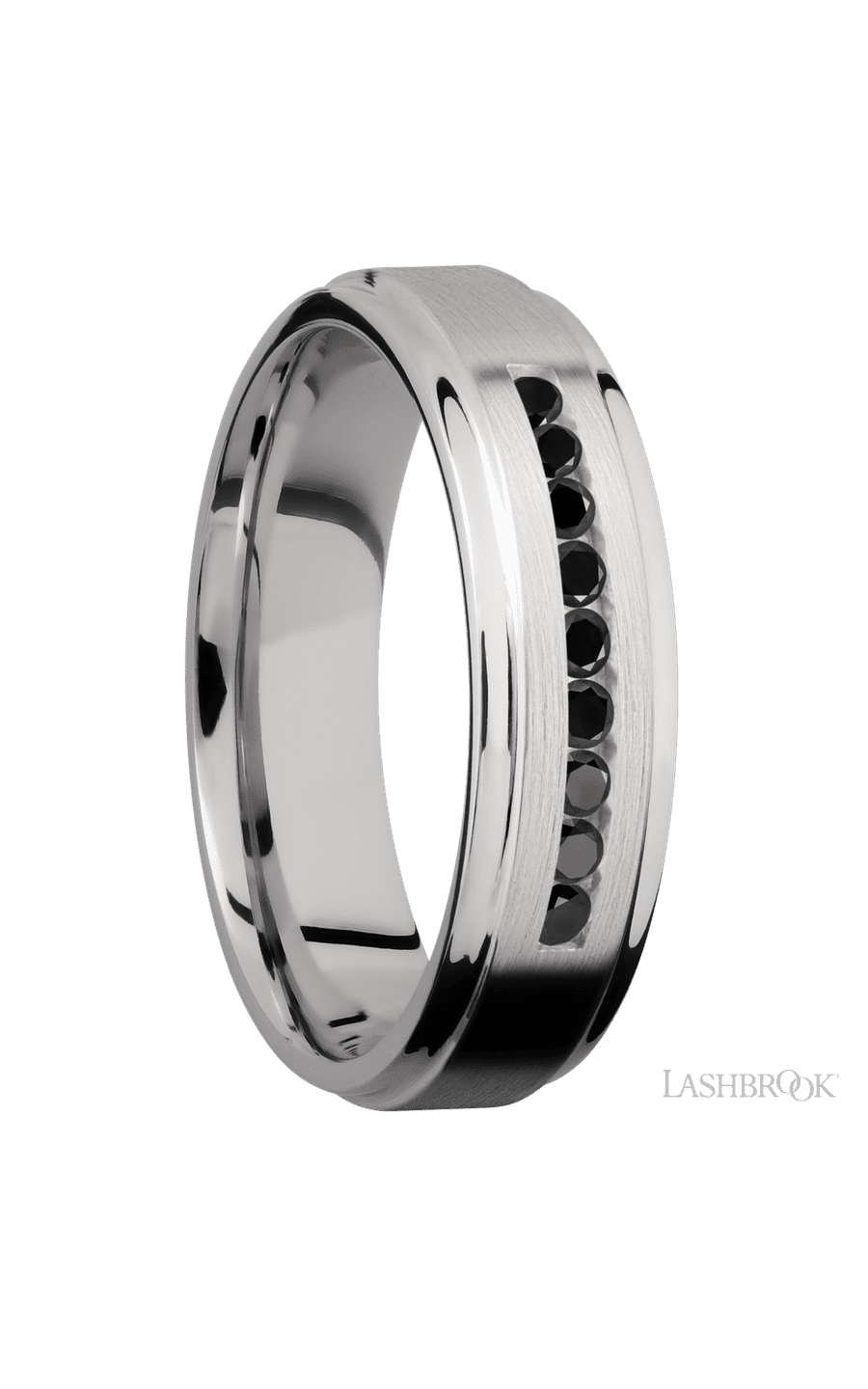 6 mm wide/Flat Grooved Edges/Cobalt Chrome band with an arrangement of 9, .03 carat Round Black Diamond stones in a Channel setting.