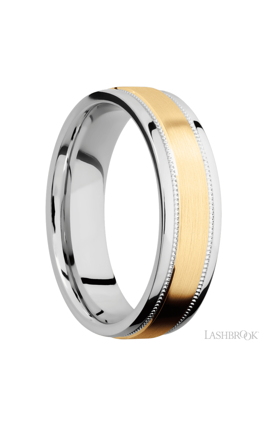 6 mm wide/Flat Stepped Edges Milgrain/Cobalt Chrome band with one 3 mm Raised Centered inlay of 14K Yellow Gold.