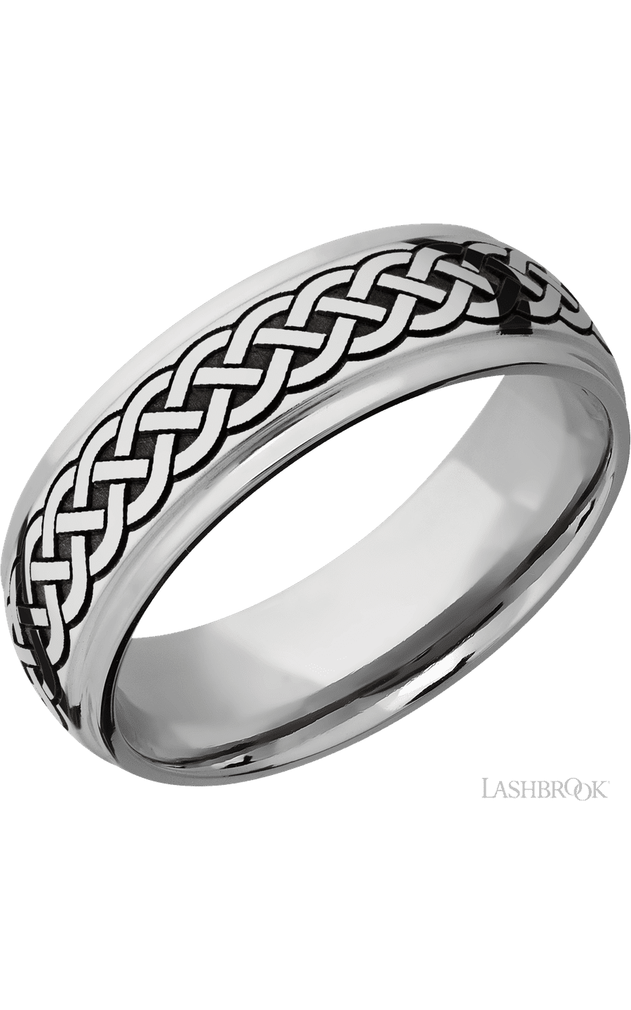 7 mm wide/Domed Stepped Down Edges/Cobalt Chrome band with a laser carved Celtic 9 pattern.