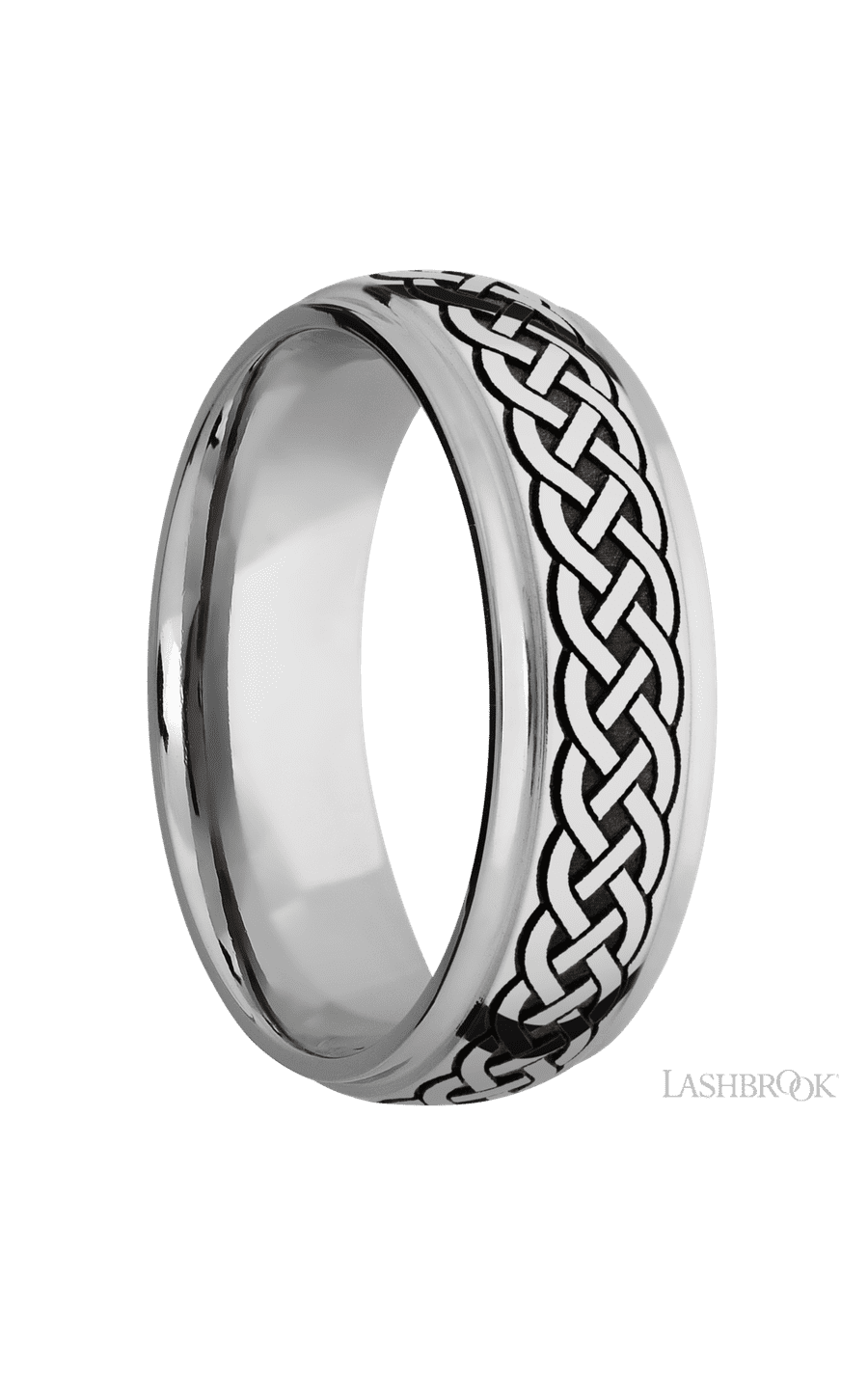 7 mm wide/Domed Stepped Down Edges/Cobalt Chrome band with a laser carved Celtic 9 pattern.
