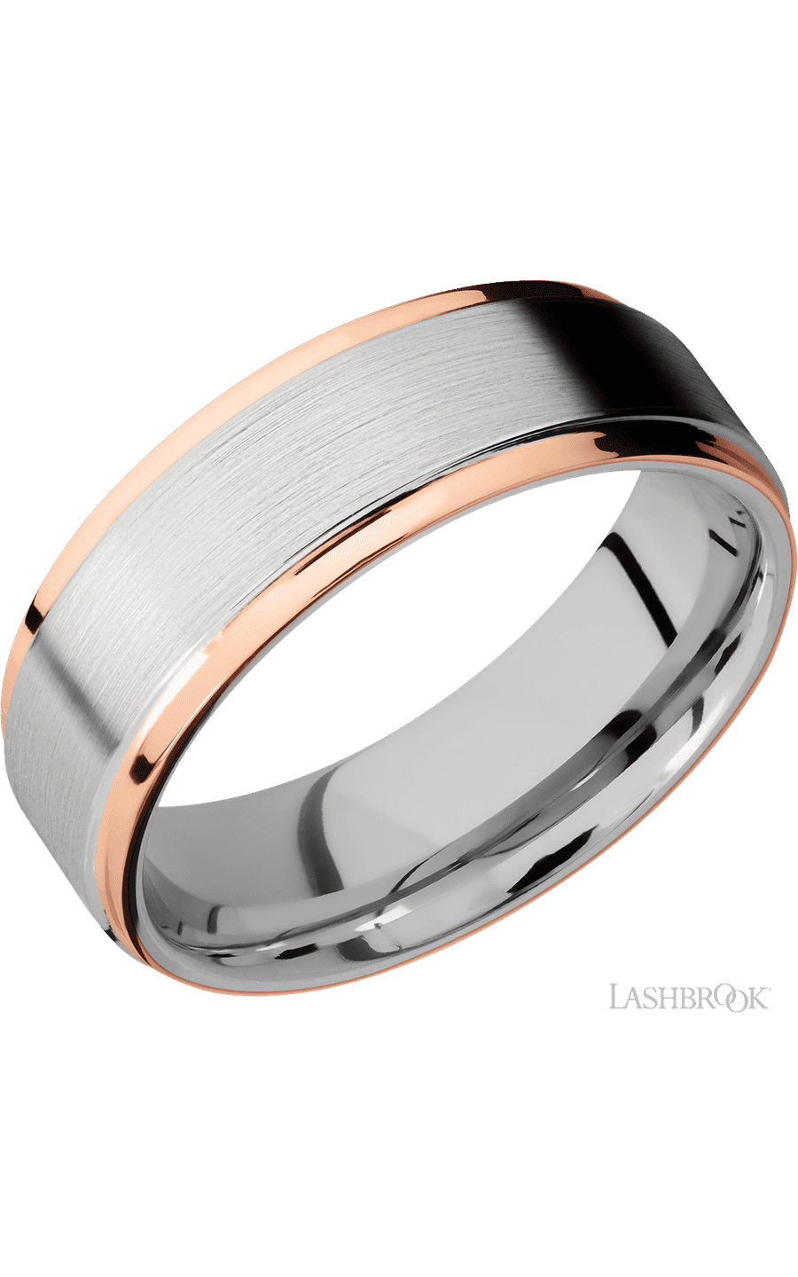 7 mm wide/Flat Grooved Edges/Cobalt Chrome band with two 1 mm Edge inlays of 14K Rose Gold.