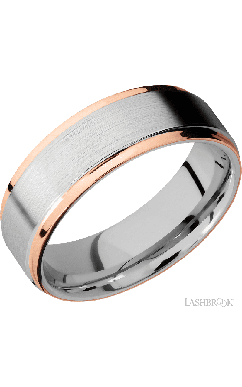 7 mm wide/Flat Grooved Edges/Cobalt Chrome band with two 1 mm Edge inlays of 14K Rose Gold.