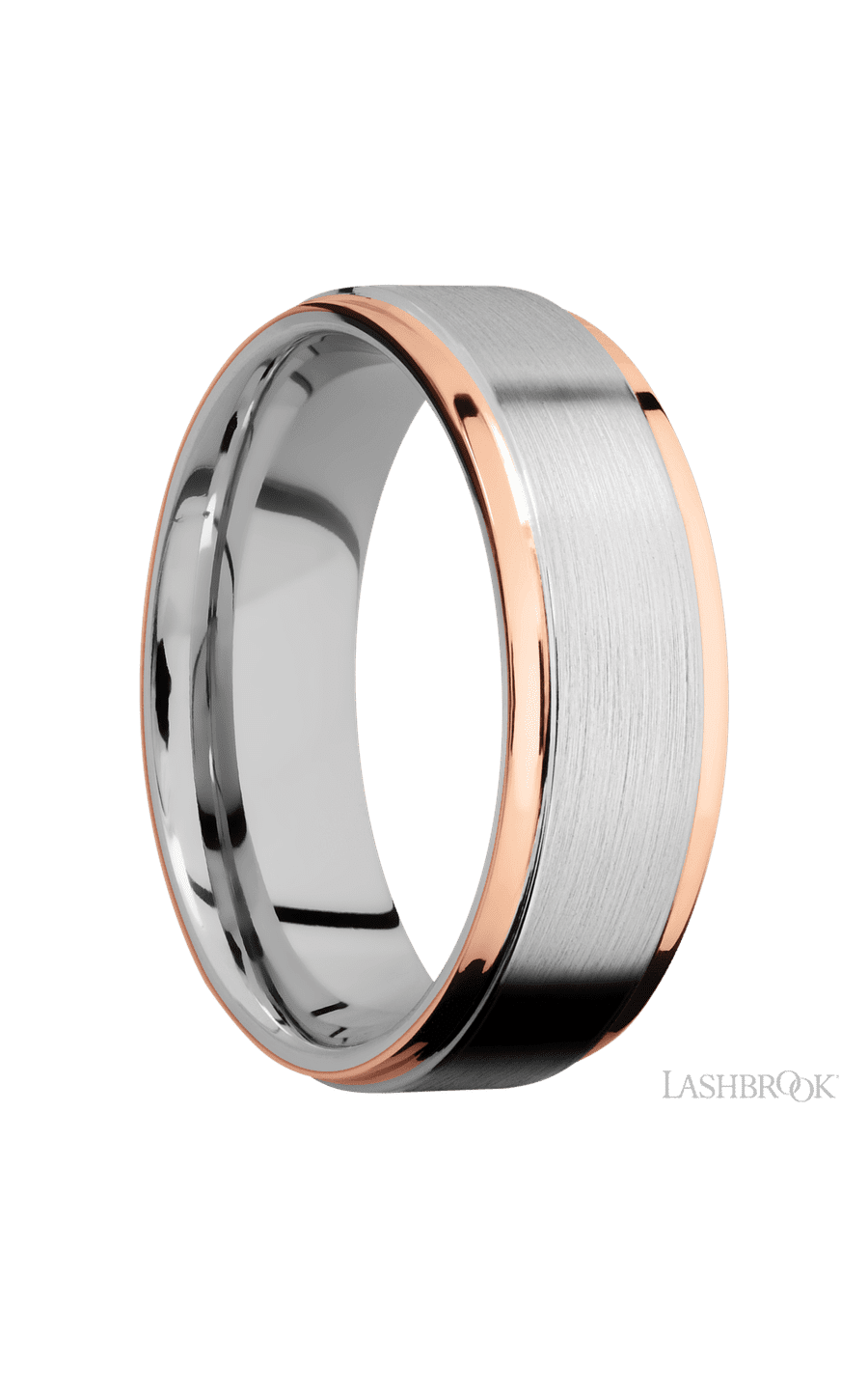 7 mm wide/Flat Grooved Edges/Cobalt Chrome band with two 1 mm Edge inlays of 14K Rose Gold.
