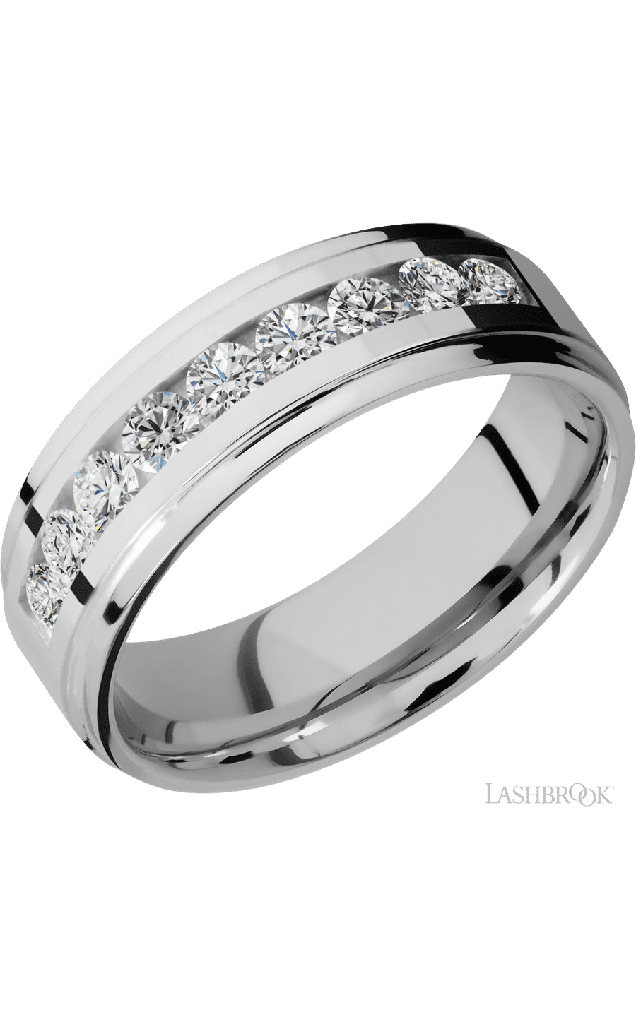 7 mm wide/Flat Grooved Edges/Cobalt Chrome band with an arrangement of 9, .1 carat Round Diamond stones in a Channel setting.