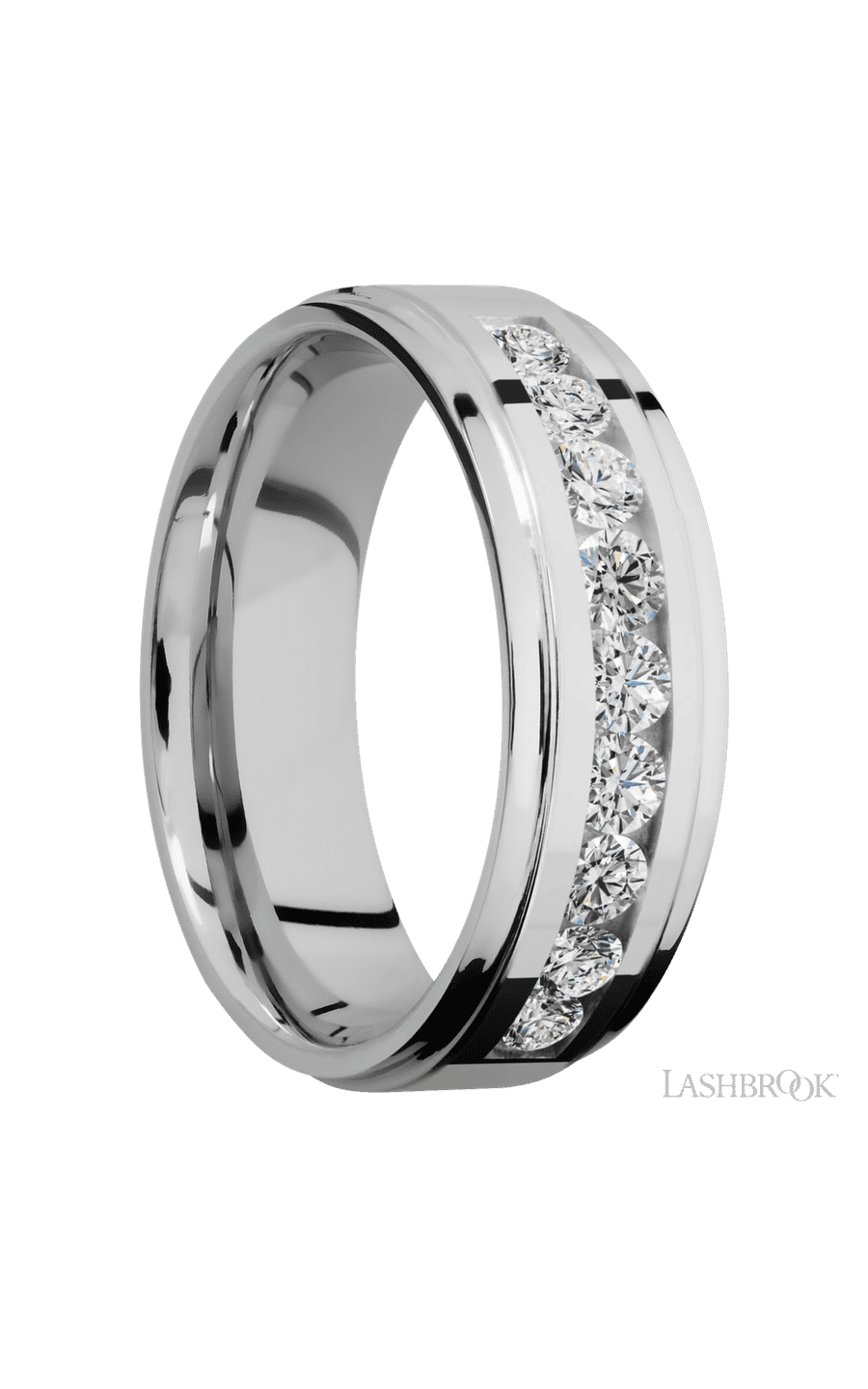 7 mm wide/Flat Grooved Edges/Cobalt Chrome band with an arrangement of 9, .1 carat Round Diamond stones in a Channel setting.