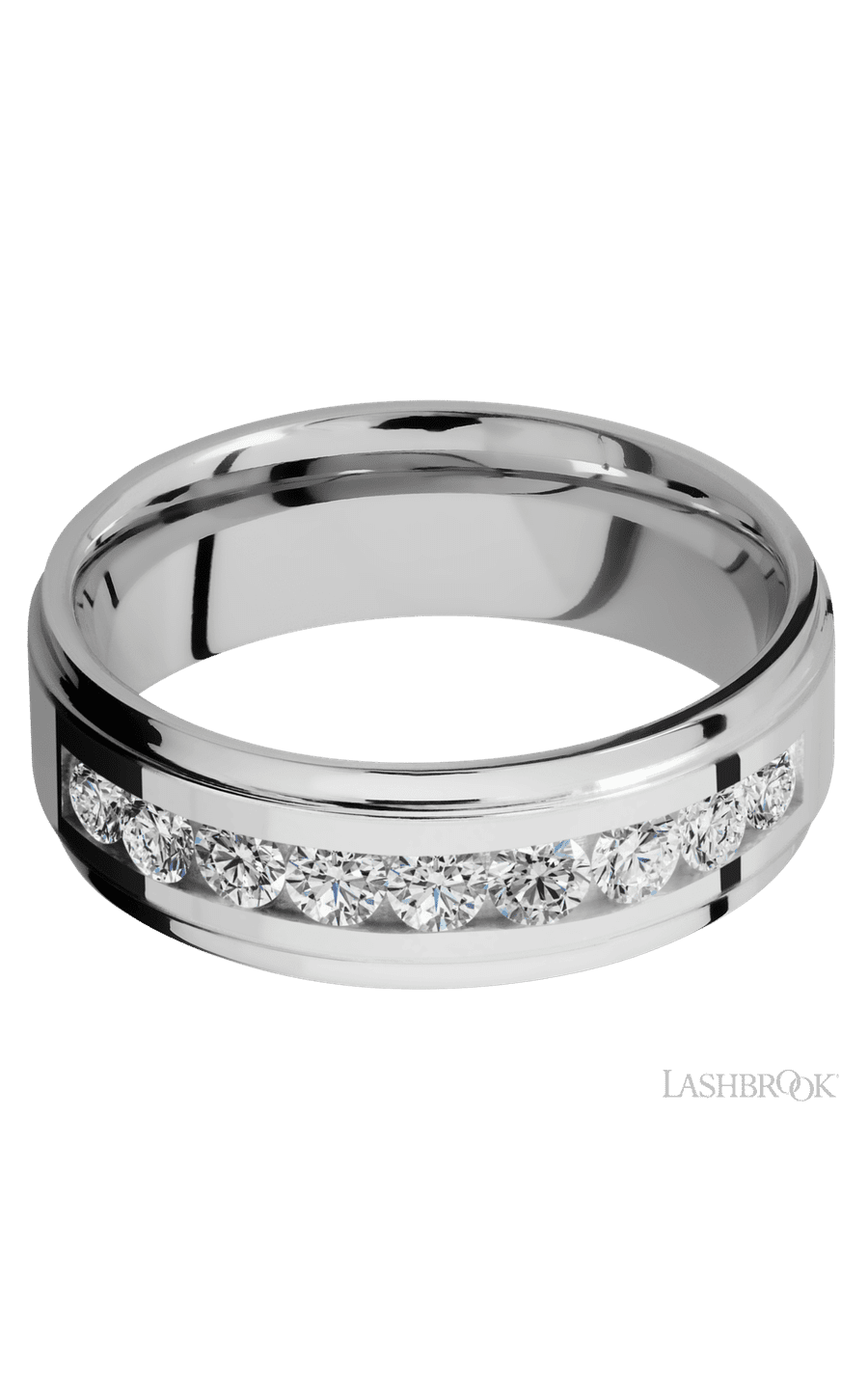 7 mm wide/Flat Grooved Edges/Cobalt Chrome band with an arrangement of 9, .1 carat Round Diamond stones in a Channel setting.