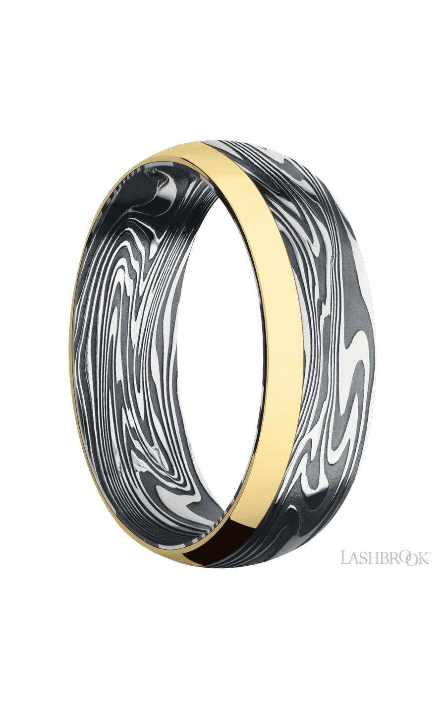 7 mm wide/Domed/Kinetic band with one 2 mm Off Center Edge inlay of 14K Yellow Gold.