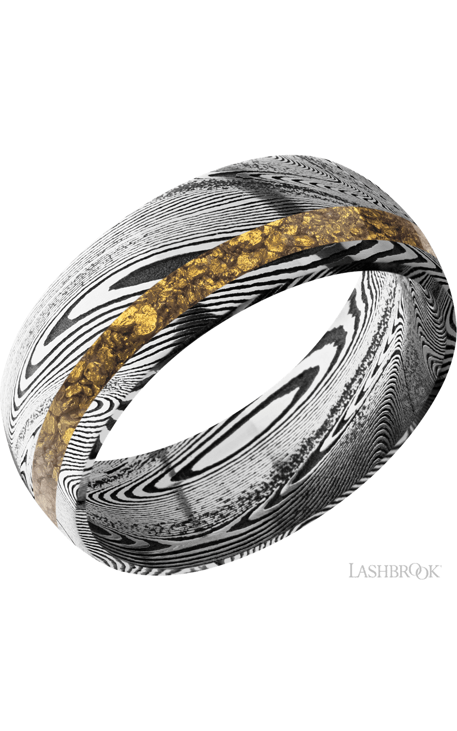 8 mm wide/Domed/Tightweave band with one 2 mm Off Center inlay of Alaskan Gold Nugget.
