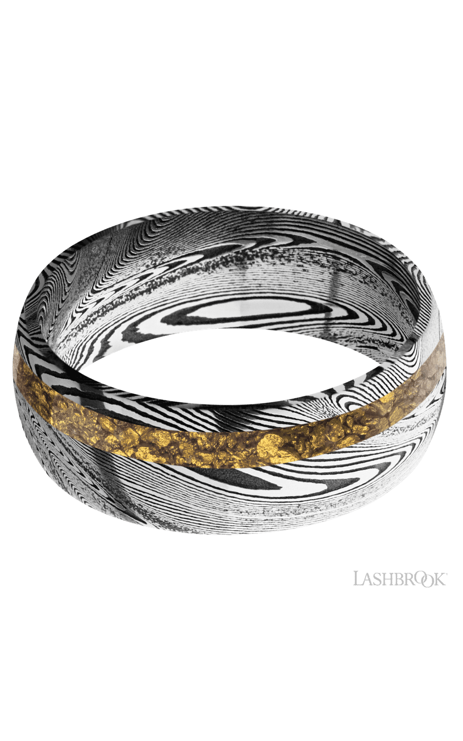 8 mm wide/Domed/Tightweave band with one 2 mm Off Center inlay of Alaskan Gold Nugget.